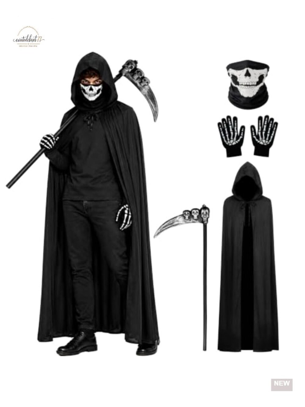 Grim Reaper Hooded Cloak Costume Set with Scythe Mask Gloves Halloween Cosplay